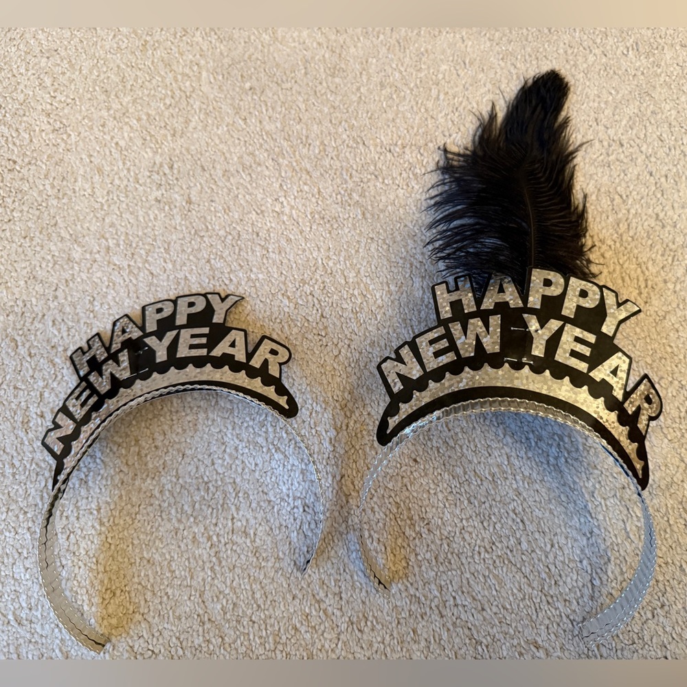 2 Happy New Year Black Silver Headband Feather One Size 1 Size New USA Costume
